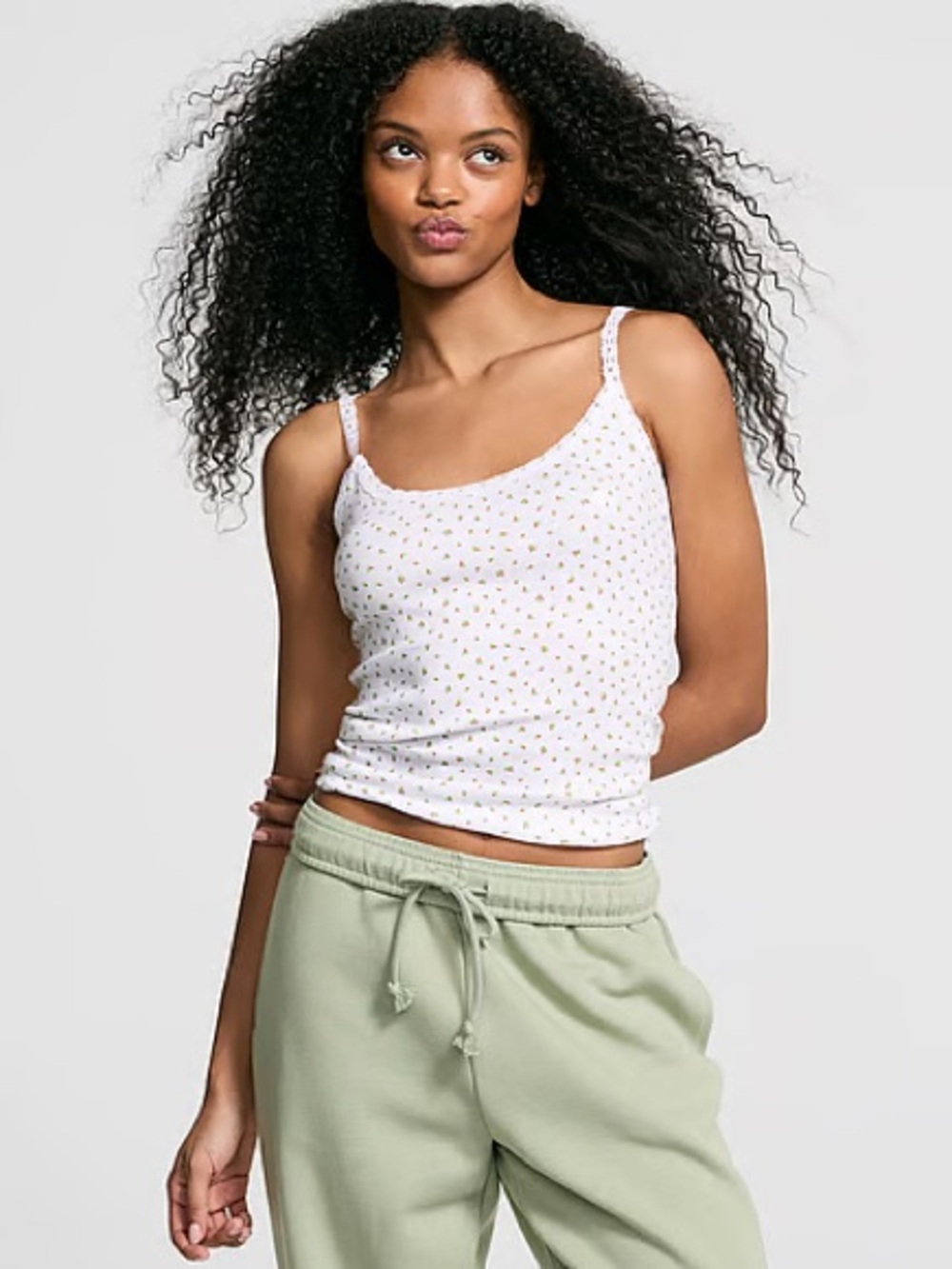Pink Victoria’s Secret Floral Lace Trim Cami Tank Top White Y2K Cottagecore L